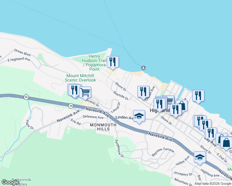 map of restaurants, bars, coffee shops, grocery stores, and more near 3 Mathews Street in Highlands