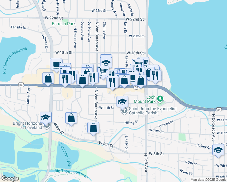 map of restaurants, bars, coffee shops, grocery stores, and more near 1712 West Eisenhower Boulevard in Loveland