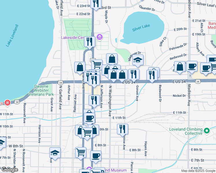 map of restaurants, bars, coffee shops, grocery stores, and more near 430 East Eisenhower Boulevard in Loveland