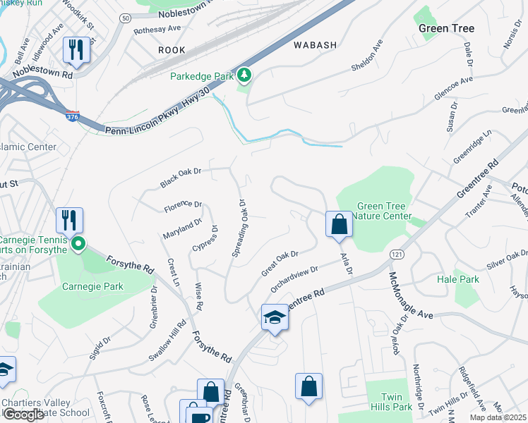 map of restaurants, bars, coffee shops, grocery stores, and more near 1397 Spreading Oak Drive in Pittsburgh