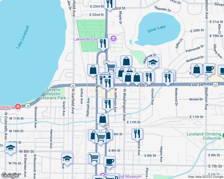 map of restaurants, bars, coffee shops, grocery stores, and more near 376 East Eisenhower Boulevard in Loveland