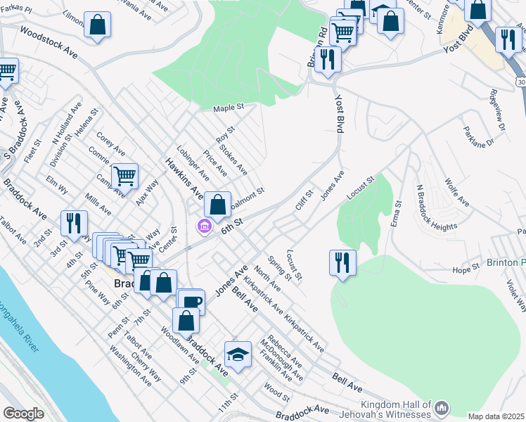 map of restaurants, bars, coffee shops, grocery stores, and more near 909 6th Street in Braddock