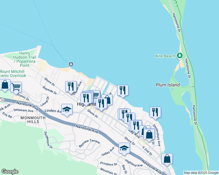 map of restaurants, bars, coffee shops, grocery stores, and more near 5 Washington Avenue in Highlands