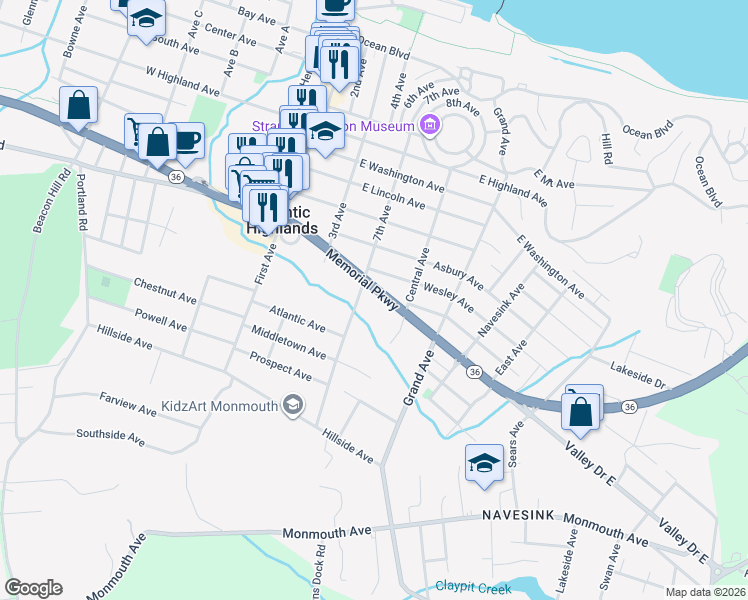 map of restaurants, bars, coffee shops, grocery stores, and more near 62 Memorial Parkway in Atlantic Highlands