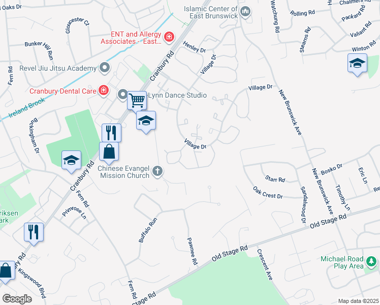 map of restaurants, bars, coffee shops, grocery stores, and more near 111 Applegate Lane in East Brunswick