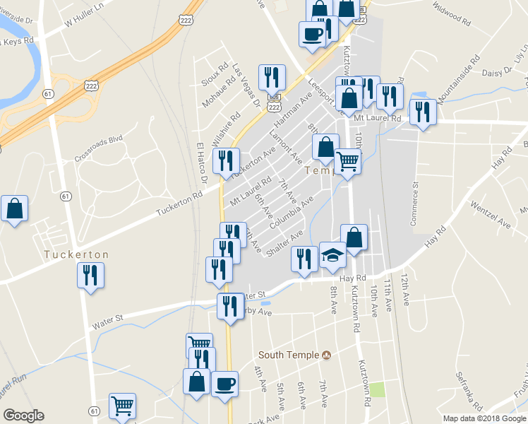 map of restaurants, bars, coffee shops, grocery stores, and more near 596 Euclid Avenue in Temple