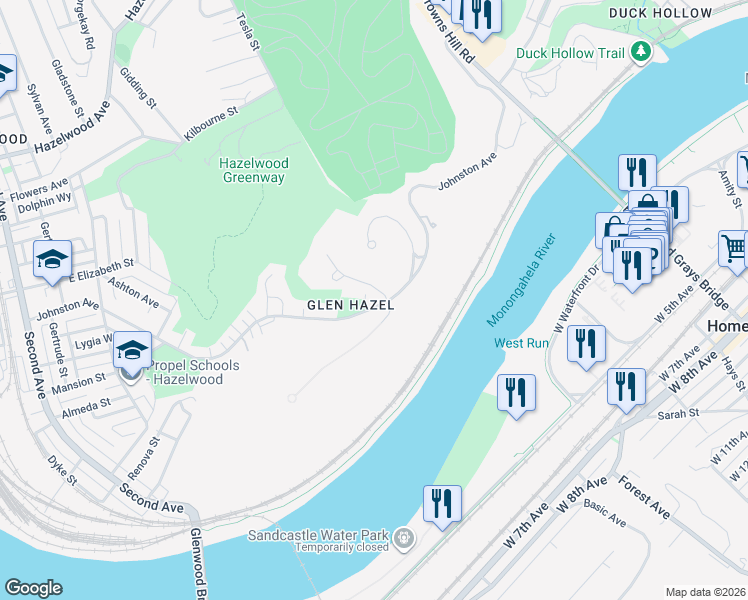 map of restaurants, bars, coffee shops, grocery stores, and more near 895 Rivermont Drive in Pittsburgh