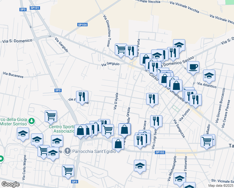 map of restaurants, bars, coffee shops, grocery stores, and more near 14 Via D'Ayala in Taranto