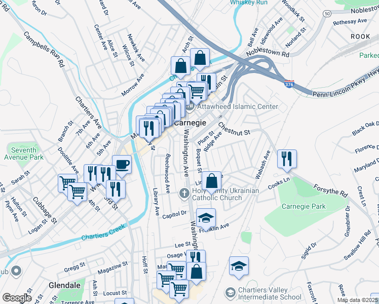 map of restaurants, bars, coffee shops, grocery stores, and more near 535 Washington Avenue in Carnegie