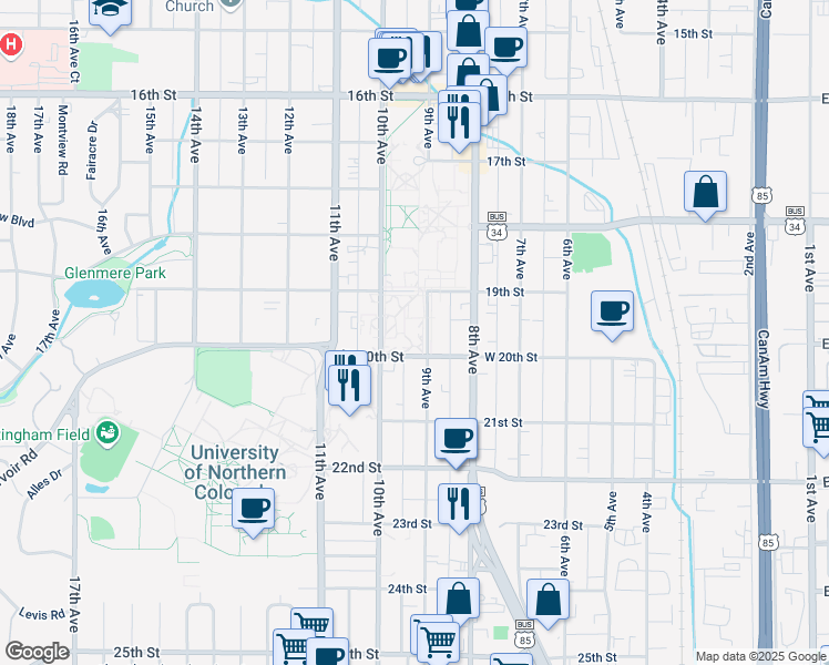 map of restaurants, bars, coffee shops, grocery stores, and more near 1910 10th Avenue in Greeley