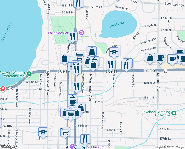 map of restaurants, bars, coffee shops, grocery stores, and more near 430 East Eisenhower Boulevard in Loveland