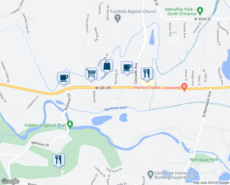 map of restaurants, bars, coffee shops, grocery stores, and more near 4104 West Eisenhower Boulevard in Loveland