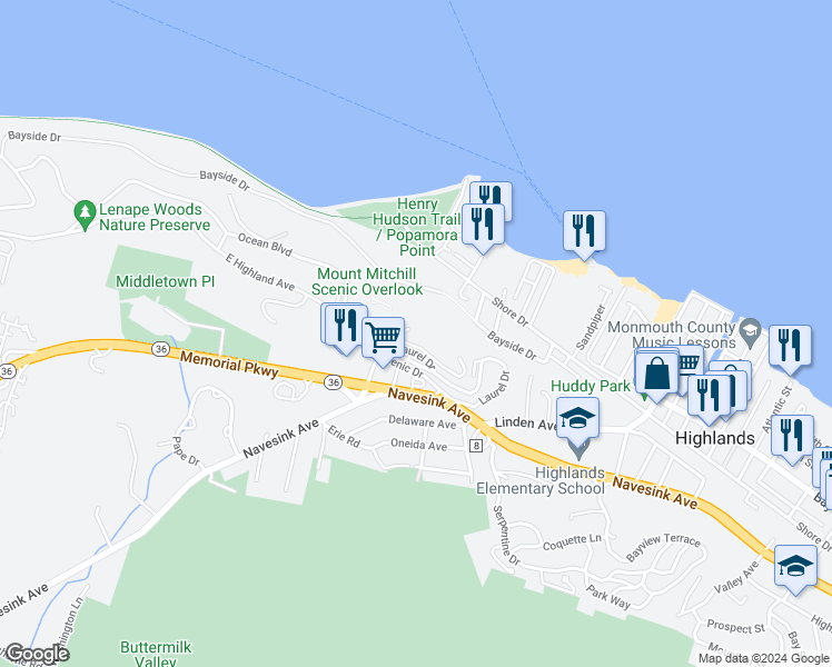 map of restaurants, bars, coffee shops, grocery stores, and more near 1 Scenic Drive in Highlands