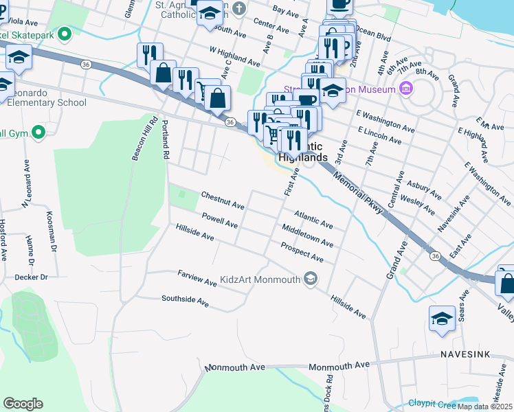 map of restaurants, bars, coffee shops, grocery stores, and more near 115 Brook Avenue in Atlantic Highlands