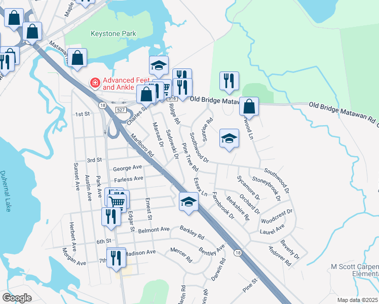 map of restaurants, bars, coffee shops, grocery stores, and more near 17 Pine Tree Road in Old Bridge