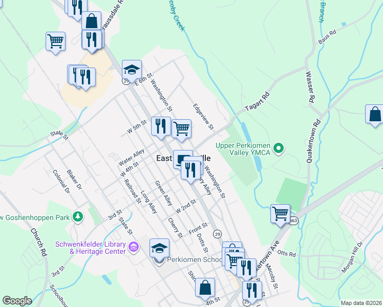 map of restaurants, bars, coffee shops, grocery stores, and more near 334 Washington Street in East Greenville