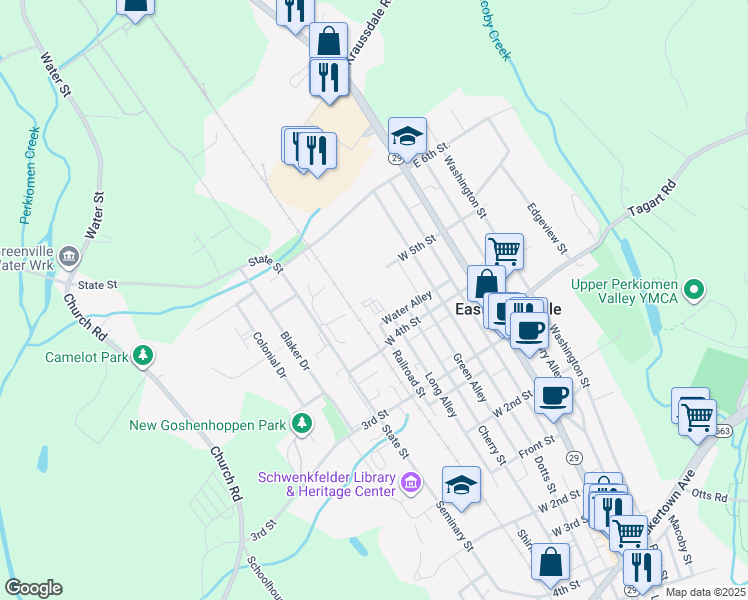 map of restaurants, bars, coffee shops, grocery stores, and more near 404 Cherry Street in East Greenville