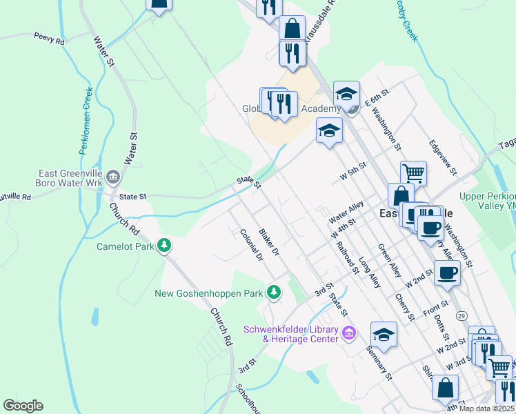 map of restaurants, bars, coffee shops, grocery stores, and more near 542 State Street in East Greenville