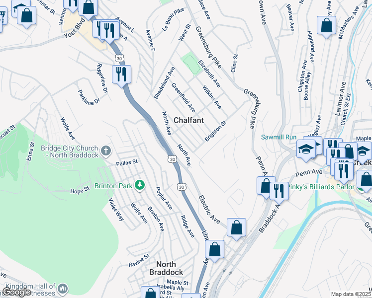 map of restaurants, bars, coffee shops, grocery stores, and more near 114 Parkway Avenue in East Pittsburgh