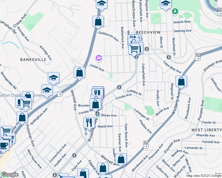 map of restaurants, bars, coffee shops, grocery stores, and more near 1922 Broadway Avenue in Pittsburgh
