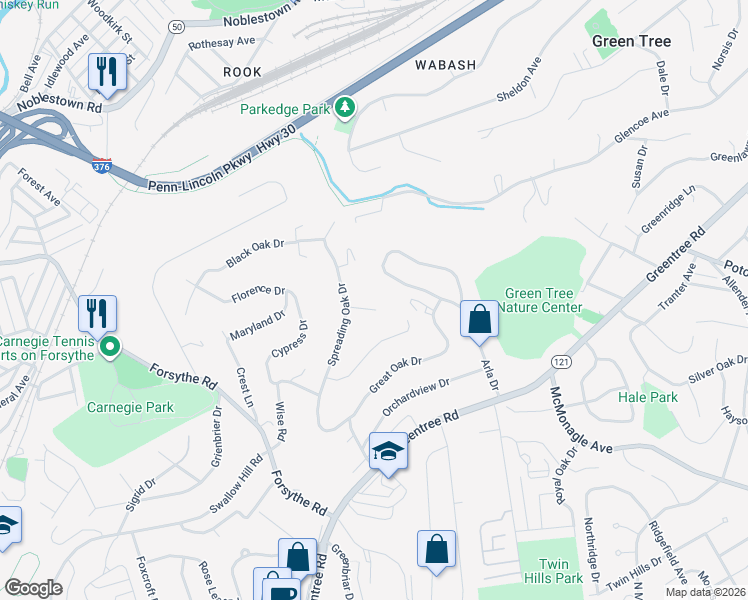 map of restaurants, bars, coffee shops, grocery stores, and more near 1397 Spreading Oak Drive in Pittsburgh