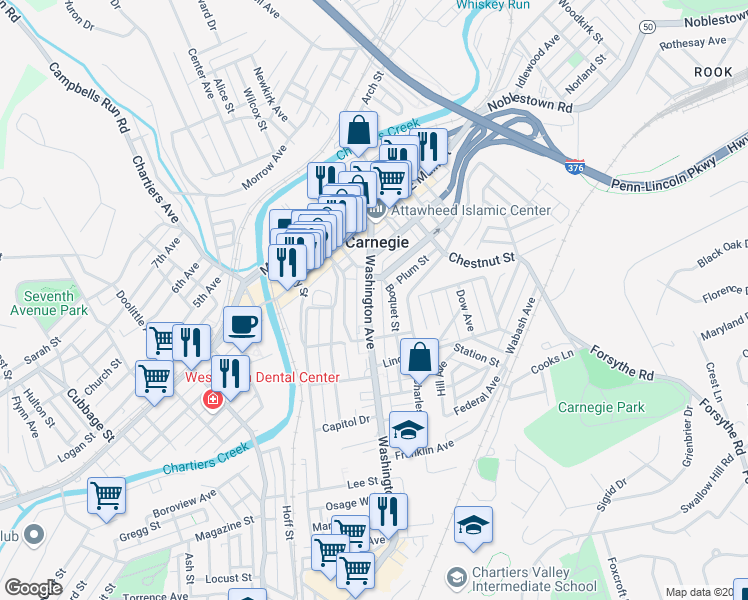 map of restaurants, bars, coffee shops, grocery stores, and more near 533 Washington Avenue in Carnegie
