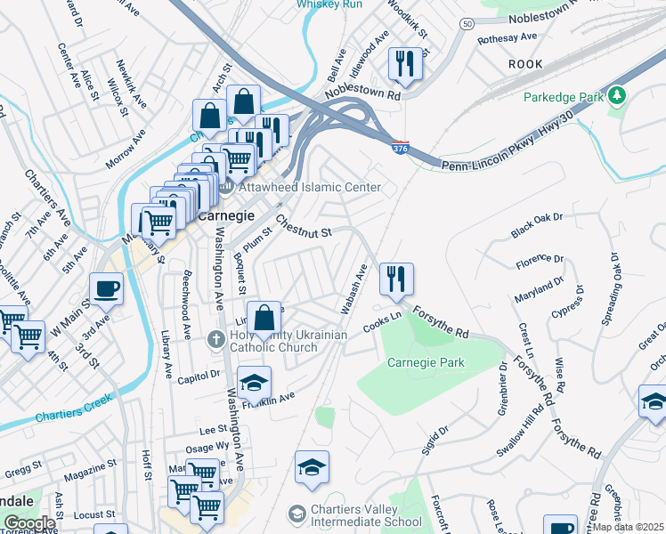 map of restaurants, bars, coffee shops, grocery stores, and more near 113 Patterson Avenue in Carnegie