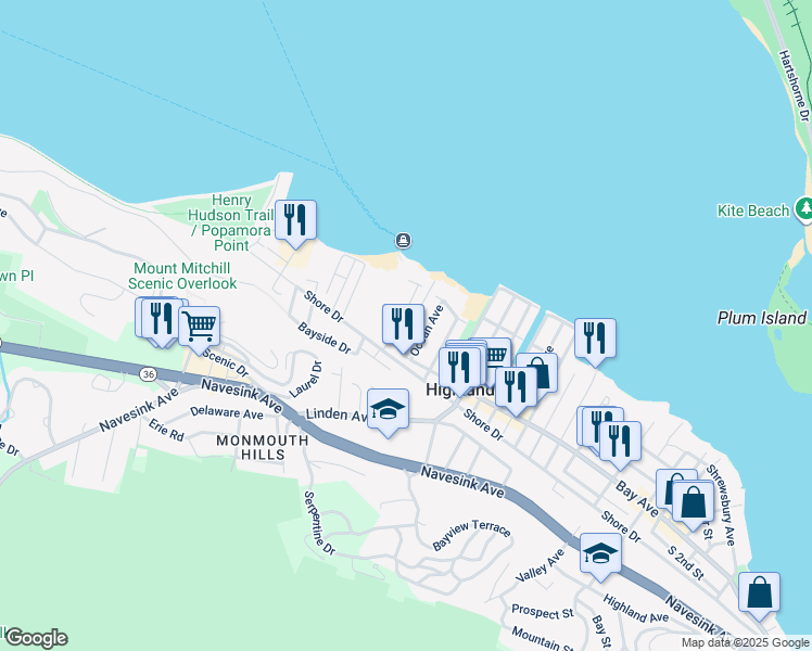 map of restaurants, bars, coffee shops, grocery stores, and more near 29 Gravelly Point Road in Highlands
