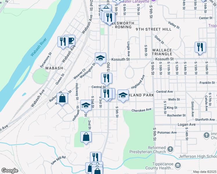 map of restaurants, bars, coffee shops, grocery stores, and more near South 4th Street in Lafayette