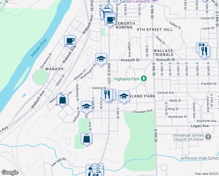 map of restaurants, bars, coffee shops, grocery stores, and more near South 4th Street in Lafayette