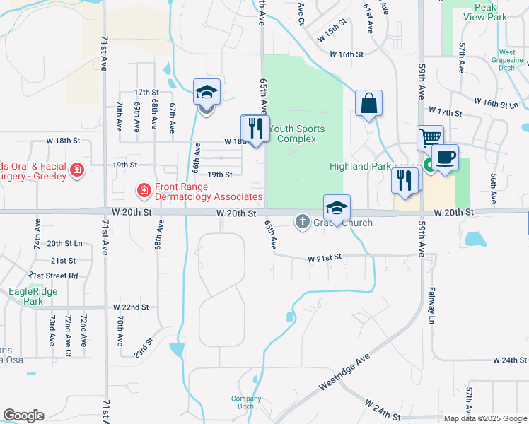 map of restaurants, bars, coffee shops, grocery stores, and more near 6503 West 20th Street in Greeley
