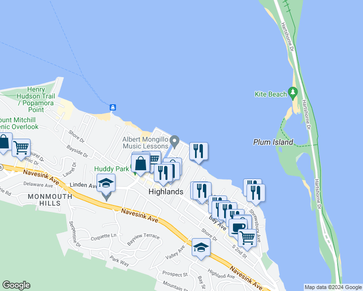 map of restaurants, bars, coffee shops, grocery stores, and more near 7 Marine Place in Highlands