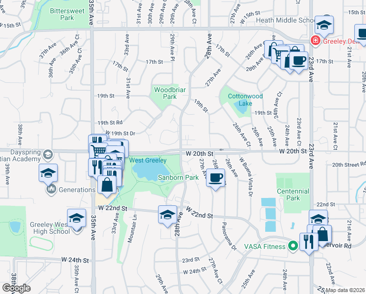 map of restaurants, bars, coffee shops, grocery stores, and more near 2720 West 19th Street Drive in Greeley