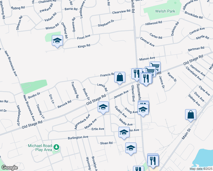 map of restaurants, bars, coffee shops, grocery stores, and more near 9 Lench Road in East Brunswick
