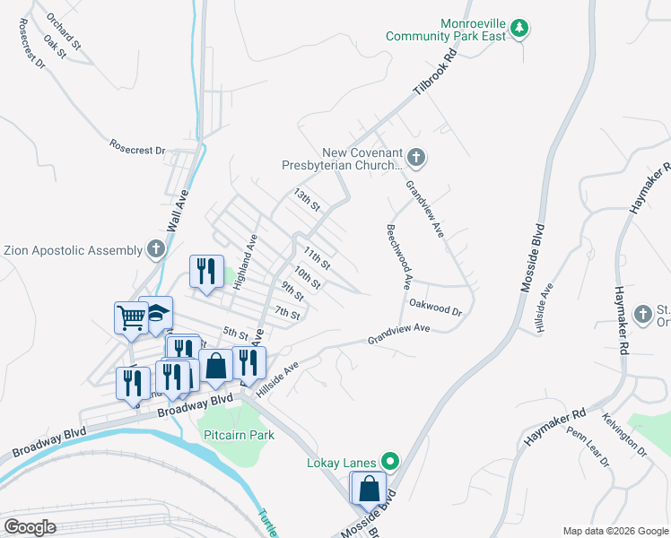map of restaurants, bars, coffee shops, grocery stores, and more near 745 11th Street in Pitcairn