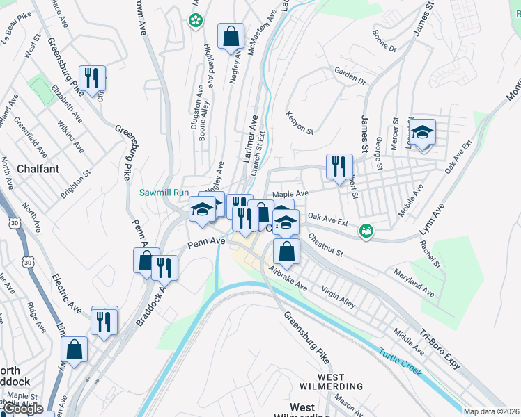 map of restaurants, bars, coffee shops, grocery stores, and more near 307 Sara Street in Turtle Creek