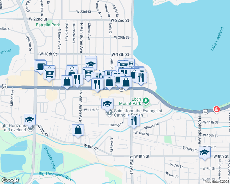 map of restaurants, bars, coffee shops, grocery stores, and more near 1524 West Eisenhower Boulevard in Loveland