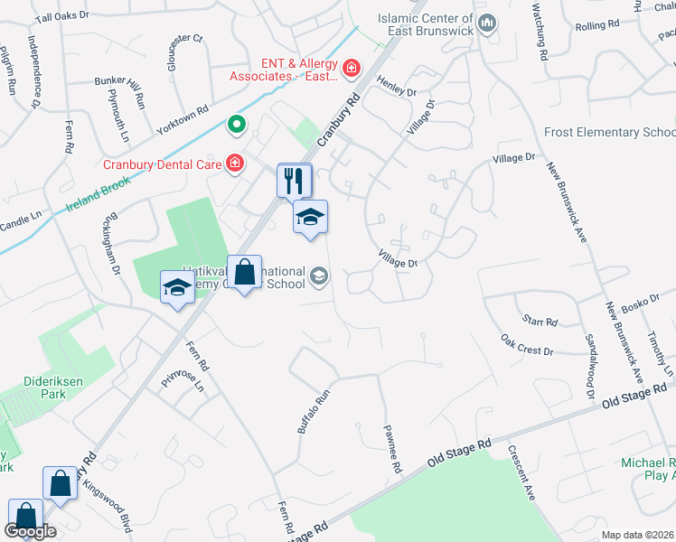 map of restaurants, bars, coffee shops, grocery stores, and more near 23 Morgan Place in East Brunswick