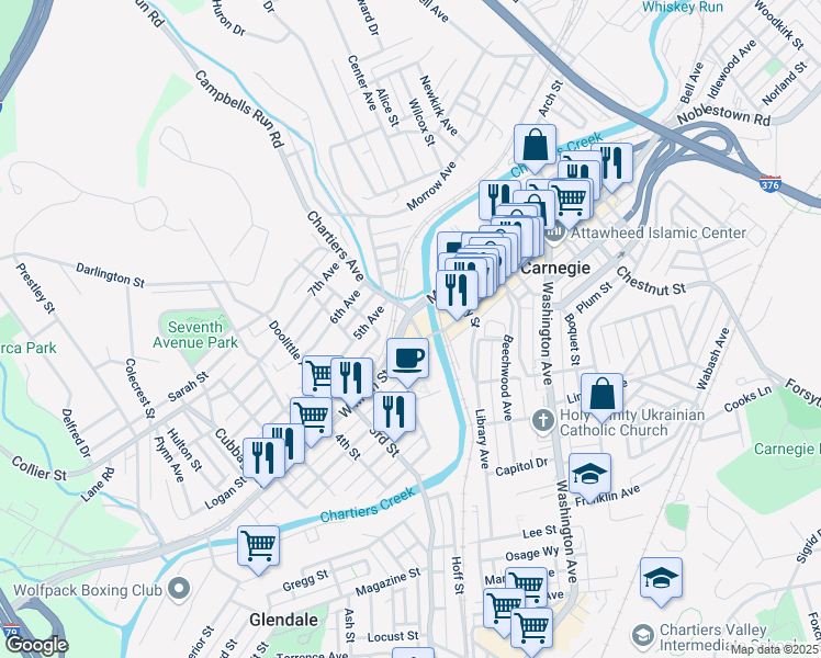 map of restaurants, bars, coffee shops, grocery stores, and more near in Carnegie