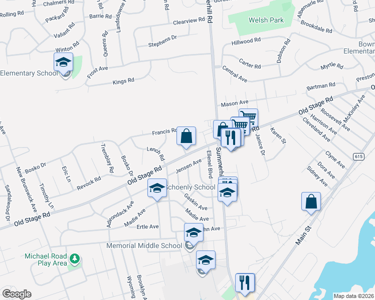 map of restaurants, bars, coffee shops, grocery stores, and more near 234 Old Stage Road in East Brunswick