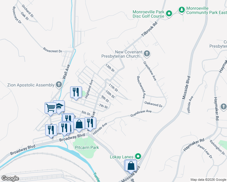 map of restaurants, bars, coffee shops, grocery stores, and more near 745 11th Street in Pitcairn