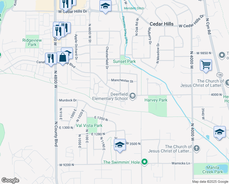map of restaurants, bars, coffee shops, grocery stores, and more near 9626 Elkridge Lane in Cedar Hills