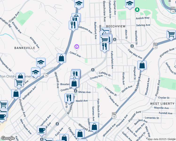 map of restaurants, bars, coffee shops, grocery stores, and more near 1924 Broadway Avenue in Pittsburgh