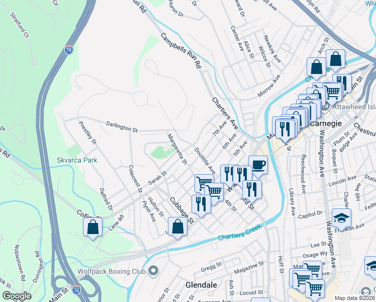 map of restaurants, bars, coffee shops, grocery stores, and more near 188 Margaretta Street in Carnegie