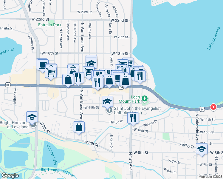 map of restaurants, bars, coffee shops, grocery stores, and more near 1524 West Eisenhower Boulevard in Loveland