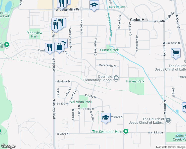map of restaurants, bars, coffee shops, grocery stores, and more near 9617 North 4500 West in Cedar Hills