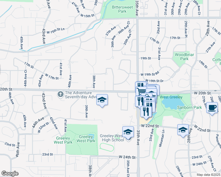 map of restaurants, bars, coffee shops, grocery stores, and more near 1943 Homestead Road in Greeley
