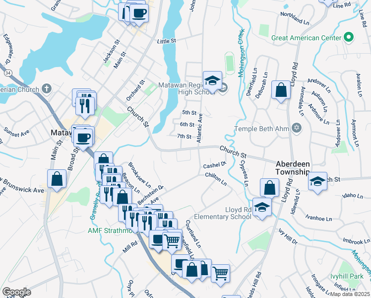 map of restaurants, bars, coffee shops, grocery stores, and more near in Aberdeen Township