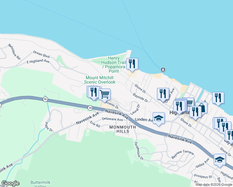 map of restaurants, bars, coffee shops, grocery stores, and more near 1 Scenic Drive in Highlands