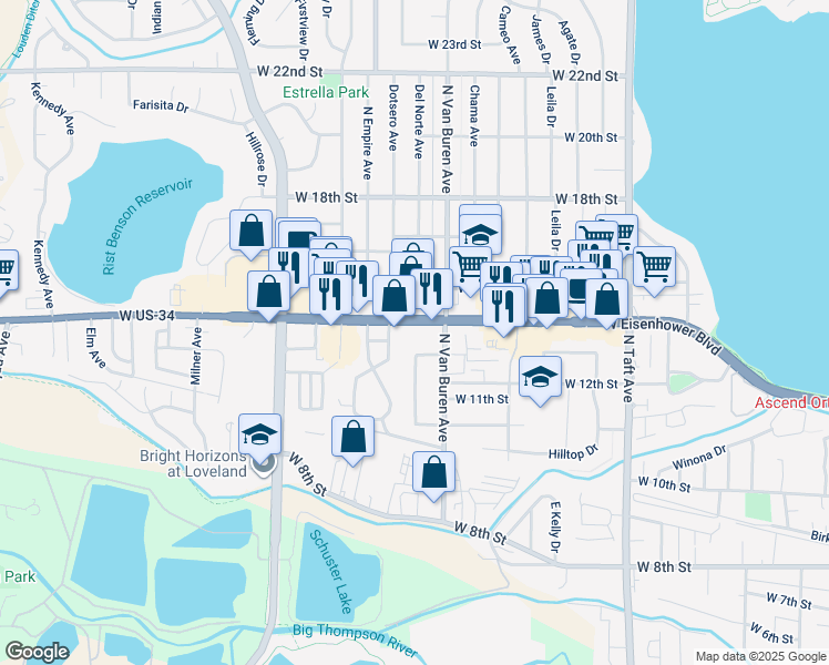 map of restaurants, bars, coffee shops, grocery stores, and more near 2016 West Eisenhower Boulevard in Loveland